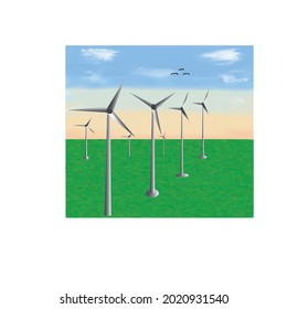 windmill field on meadow and sky background, wind power generation