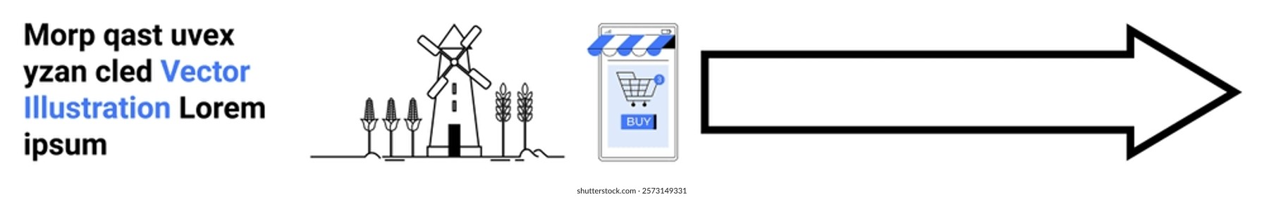 Windmill and field representing agriculture next to an online shopping store icon with a large arrow pointing right. Ideal for agricultural development e-commerce store growth digital marketing