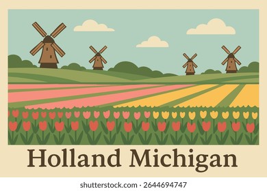 The windmill fields of Holland, Michigan, in spring, where vibrant flowers bloom across the countryside, creating a peaceful and colorful rural escape