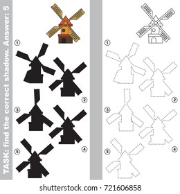 Windmill to find the correct shadow, the matching educational kid game to compare and connect objects and their true shadows, simple gaming level for preschool kids.