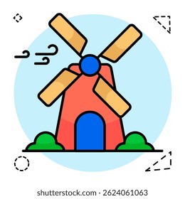 Windmill  flat circular icon, editable vector