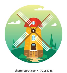 Windmill flat design vector illustration . Welcome to Netherlands poster or greeting card with the wind mill as a central object. Good design great colors.