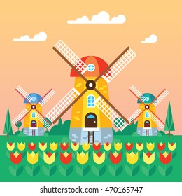 Windmill flat design vector illustration . Welcome to Netherlands poster or greeting card with the wind mill as a central object. Good design great colors. 