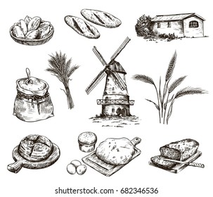 windmill and fresh bakery products. homemade baking. bakery products. vector sketch on white