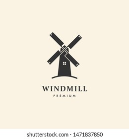 Windmill full in black white logo vector template