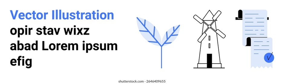 Windmill generating energy, blue leaf symbolizing nature, and signed documents. Ideal for sustainability projects, renewable energy, eco-friendly initiatives, environmental awareness, educational