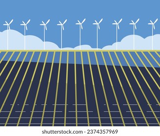 Generador de molinos de viento y panel solar como ilustración de vectores de conservación de planetas y ecología