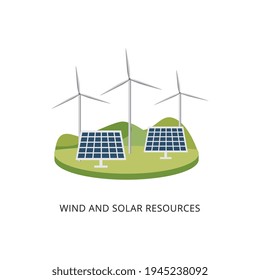 Windmill generators and solar power panel systems, vector illustration isolated.