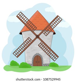 Windmill with green grass and blue sky. Colored doodle. Vector illustration