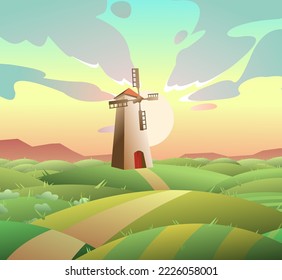 Windmill for grinding flour. Rural landscape with vegetable beds and hills vegetable gardens farm. Traditional flour mill. Stone high tower with blades. Cartoon fun style. Flat design. Vector