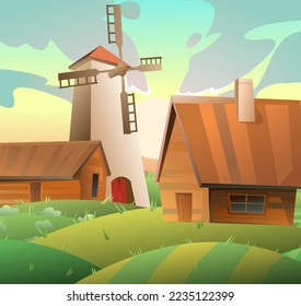 Molino de viento para harina molida. Molino de harina tradicional. Torre alta de piedra con cuchillas. Paisaje con granja y casa de campo. Estilo divertido de caricatura. Diseño plano. Vector