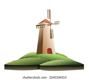 Windmill for grinding flour. Traditional flour mill. Stone high tower with blades. Isolated on white background. Cartoon fun style. Flat design. Vector