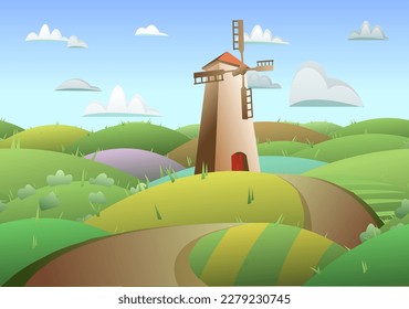 Windmill for grinding flour. Traditional flour mill. Stone high tower with blades. Rural landscape with hilly vegetable gardens and farmer road. Cartoon fun style. Flat design. Vector