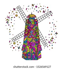 Windmill. Hand drawing isolated on a white background. Multicolored vector doodling.