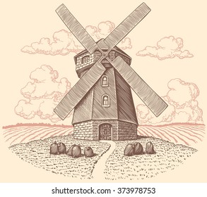 Windmill. Hand drawn engraving. Vector vintage illustration. Isolated on color background. 8 EPS