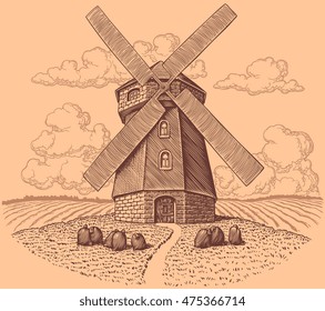 Windmill. Hand drawn engraving. Vector vintage illustration. Isolated on color background. 8 EPS