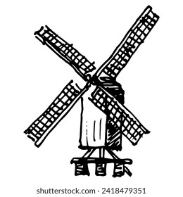 Windmill. Hand drawn linear doodle rough sketch. Black and white silhouette.