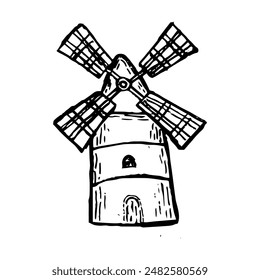 Windmill hand drawn sketch. Isolated on white background. Mill in rural vintage style. Engraving element.