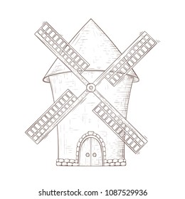 Windmill. Hand drawn sketch. Vector illustration isolated on white background