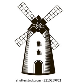 Windmill in hand drawn style isolated on whiye background.