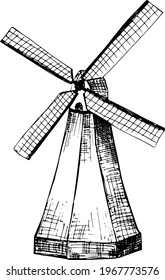Windmill. Hand drawn vector illustrations isolated on white background. Monochrome engraving technique.