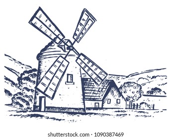 Windmill. Hand drawn vintage sketch vector illustration blueline on white background