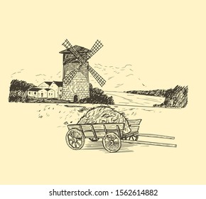 Windmill. Hand drawn vintage sketch vector illustration