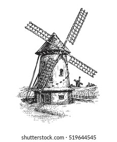 Windmill. Hand Drawn Vintage Sketch Vector Illustration