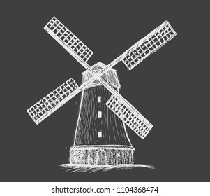 Windmill. Handwritten sketch. Black ear, on isolated background. Gluten food ingredient engraving retro style.