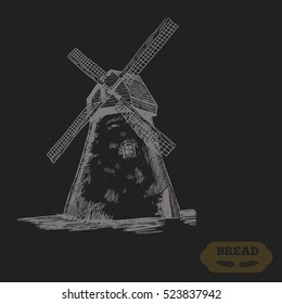 Windmill. Handwritten sketch. Vector illustration. Black ear, on isolated background. Gluten food ingredient engraving retro style.