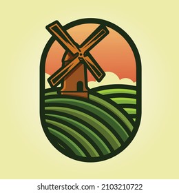 vector de campo de montaña de molino de viento