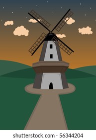 Windmill in hilly field at dusk  editable vector illustration