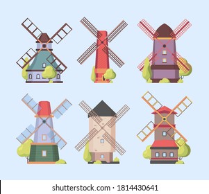 Molino de viento. Holland holandés auténticas construcciones molinos de viento colección de vectores