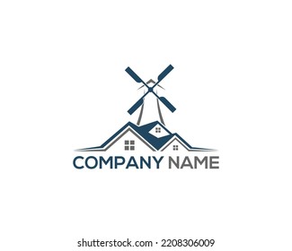  windmill and home Creative Logo Design.  windmill vector illustration on White background.