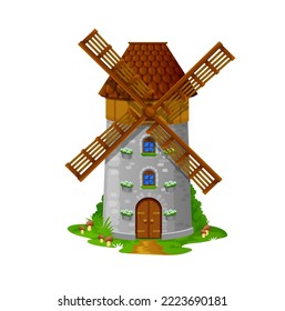 Edificio de casas de molino de viento o vivienda enana. Caricatura vectorial casa de elfo de cuento de hadas, fantasía hadas o molino de viento de piedra gnomo con cuchillas de madera, puerta, techo de tejas, macetas de flores y ventanas. Casa de juego de Cute Ui