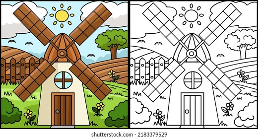 Windmill House Coloring Page Colored Illustration