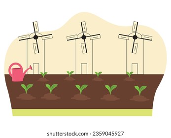 Windmill house in the field with plants and water can, agriculture nature in the countryside. Character design. Vector flat illustration