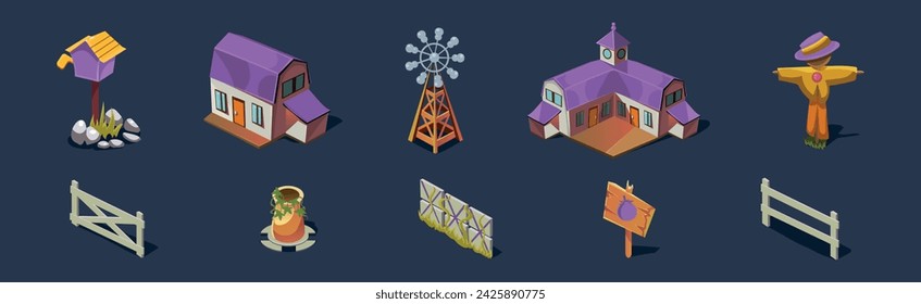 Windmill, House, Scarecrow, Fence, Signboard and Post Box Game Isometric Element Vector Set