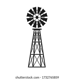 Windmill icon. Black and white vector illustration wind pump. Wind turbine with blades.