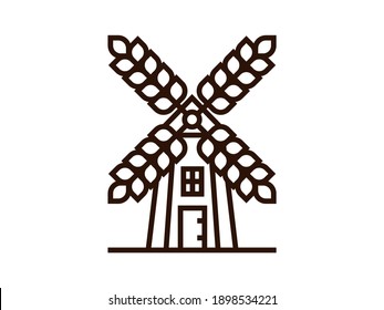 Icono de molino de viento con cuchillas como orejas de trigo o picos. Aplicable al logotipo de la granja, la panadería. Icono o signo del molino de viento de contorno. Ilustración del vector