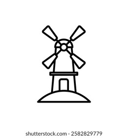 Windmill icon design with line style isolated on white background. The windmill is on a hill and surrounded by fields.