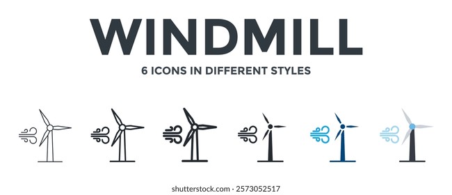 Windmill Icon In Different Style Vector Illustration. Designed In Thin Line, Regular Line, Bold Line, Glyph, Color Fill, And Flat Style Can Be Used For Web