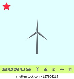 Windmill icon flat. Grey pictogram on blue background. Vector illustration symbol and bonus buttons medal, cow, earth, eye, calculator