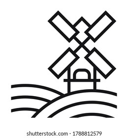 Windmill icon. A four-bladed mill in the middle of the sown hills. Symbol of agriculture. Vector illustration isolated on a white background for design and web.