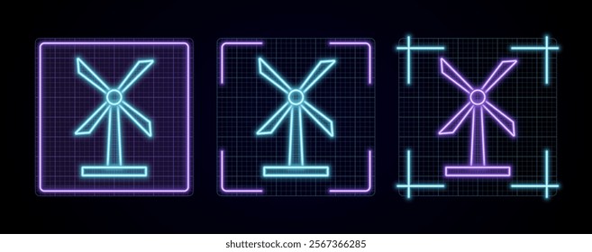 Windmill icon illustration, cyber neon visual, glowing border grid vector.