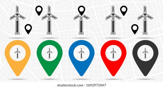 Icono del molino de viento en conjunto de ubicaciones. Glifo simple, elemento de ilustración plana de iconos de temas de energía sostenible