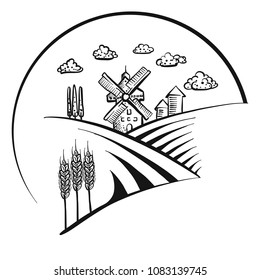 Windmill icon logo sketch. Hand-drawn vector illustration.
