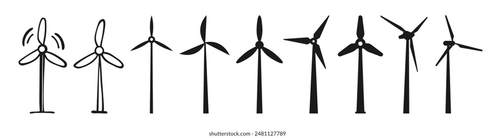 Conjunto de iconos de molino de viento. Concepto de energía del aire. Guardar Ecología, energías renovables alternativas, verde, electricidad, reciclaje,