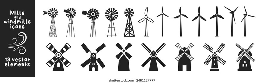 Windmill icon set. Air energy concept. Ecology, alternative renewable energy, green, electricity, recycle, save the planet.