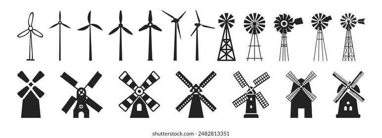 Windmill icon set. Air energy concept. Ecology, alternative renewable energy, green, electricity, recycle, save the planet.